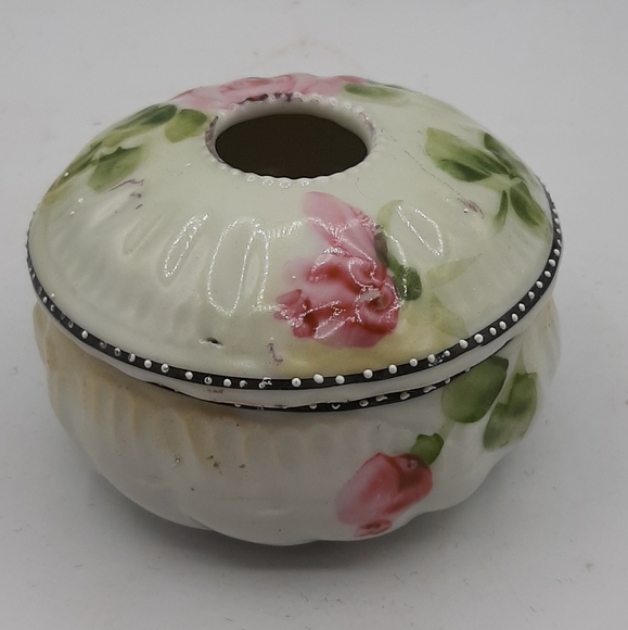 Antique Vintage Hair Receiver Hand Painted Pink Roses Green Leaves Porcelain - Picture 3 of 8